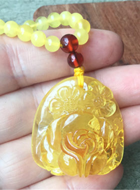 原矿无优化天然波罗的海金绞蜜蜡牡丹花吊坠108串珠
