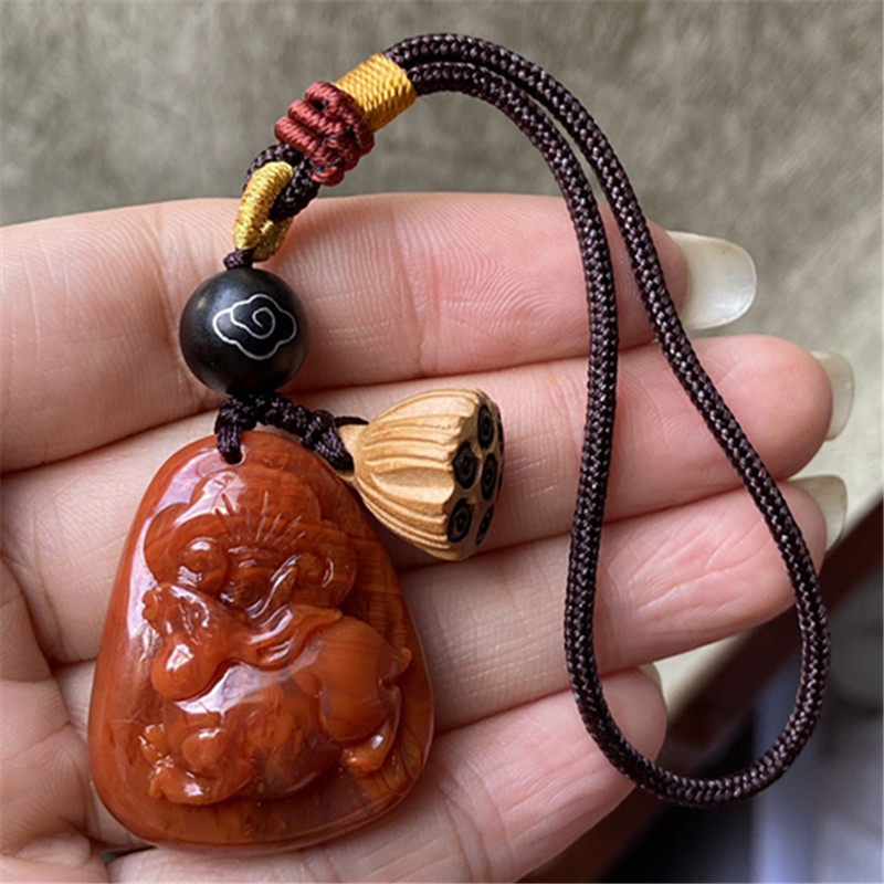 天然九口南红玛瑙生肖火焰纹玉兔牌吊坠包包挂件桃木莲蓬车挂