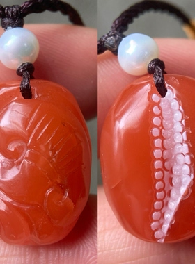 天然川料南红玛瑙特色樱桃红小灵芝吊坠雕件挂饰项坠