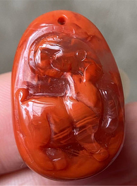 天然南红九口柿子红火焰纹手工雕刻十二生肖羊吊坠 喜气洋洋