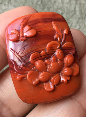 天然四川九口南红玛瑙柿子红满色满肉磨砂油光牡丹花吊坠挂件