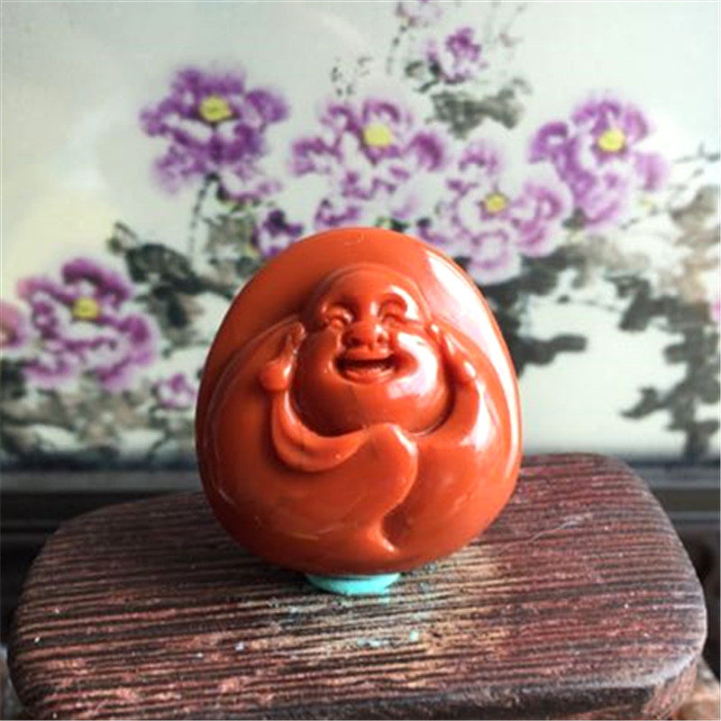 天然川料南红玛瑙弥勒佛吊坠雕件 柿子红玉石笑佛雕刻挂饰项坠
