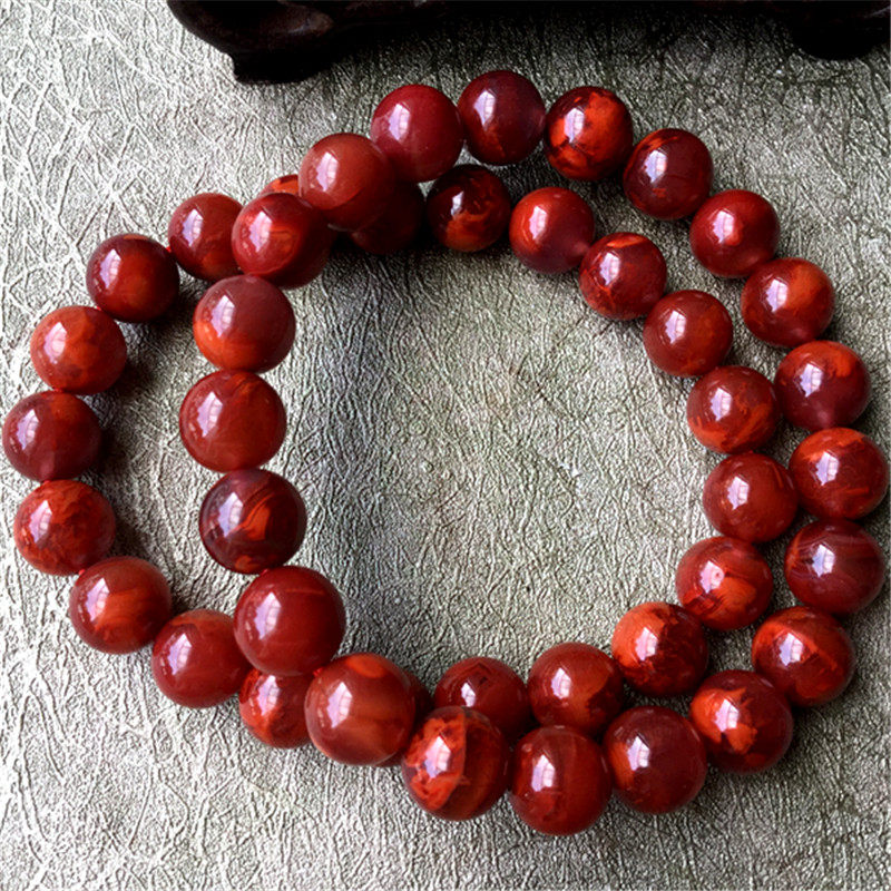天然四川九口料南红玛瑙手串 柿子红火焰纹圆珠单圈手链01