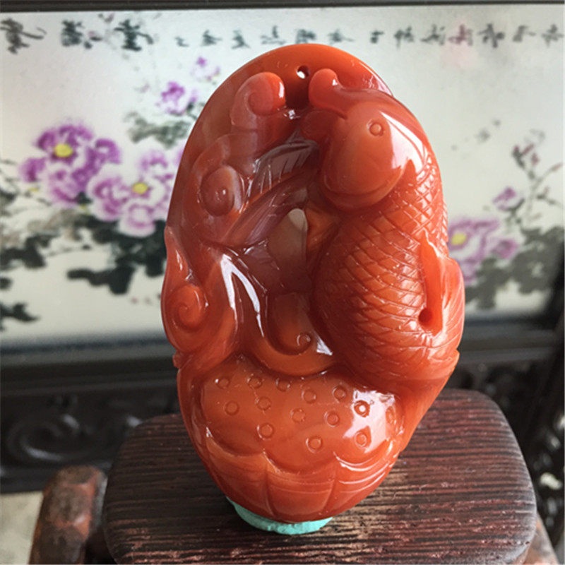 天然川料南红玛瑙连年有余吊坠雕件 柿子红锦鲤莲蓬雕刻挂饰项坠
