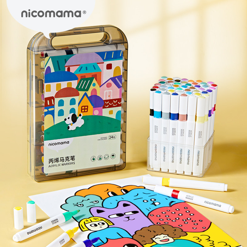 nicomama儿童丙烯马克笔24色 不透色可叠色皮肤可水洗学生画笔图片