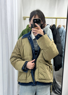 新款 欧货假两件牛仔拼接羽绒服女2023冬季 宽松加厚白鸭绒保暖外套