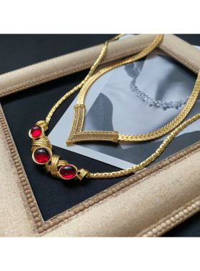 予 311 复古Vintage欧美宫廷风镀真金黄铜素金琉璃水钻项链包邮