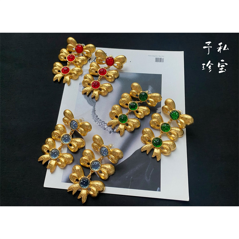 予338复古Vintage宫廷风镀真金保色琉璃蝴蝶结耳环无耳洞耳夹包邮