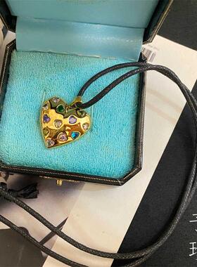 项链宝石彩色油绳复古可调节钛钢