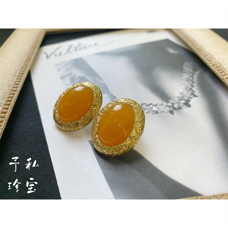 予1452 复古Vintage欧美宫廷风夸张橙色果冻琉璃刻纹耳钉耳夹