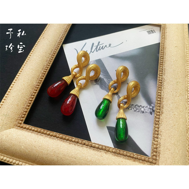 予 383 复古Vintage中古款镀真金保色雾金水滴琉璃宫廷风耳环包邮