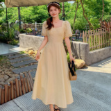 法式甜美露腰方领连衣裙女2025夏季新款韩版收腰显瘦泡泡袖长裙子，女装连衣裙，浙宝170