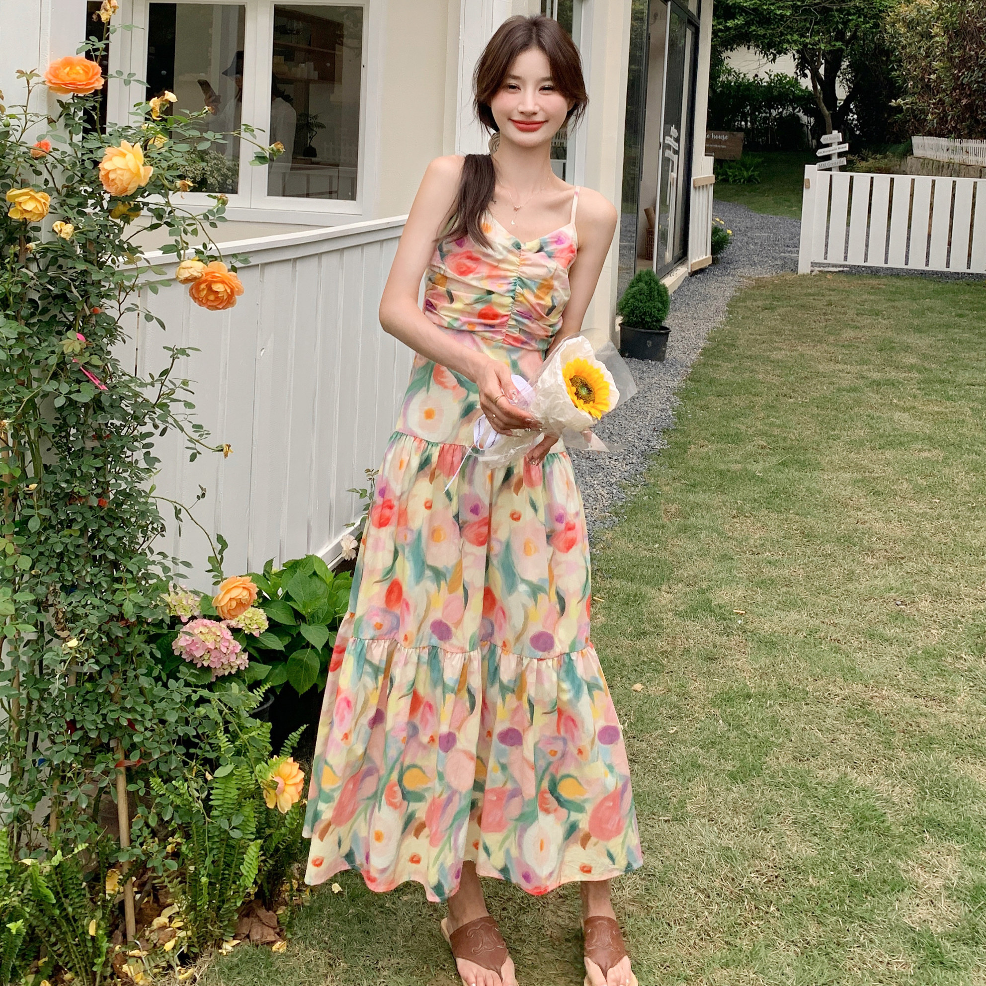 茶歇法式油画吊带连衣裙开衫夏季新款碎花显瘦长裙女,女装连衣裙,浙宝170