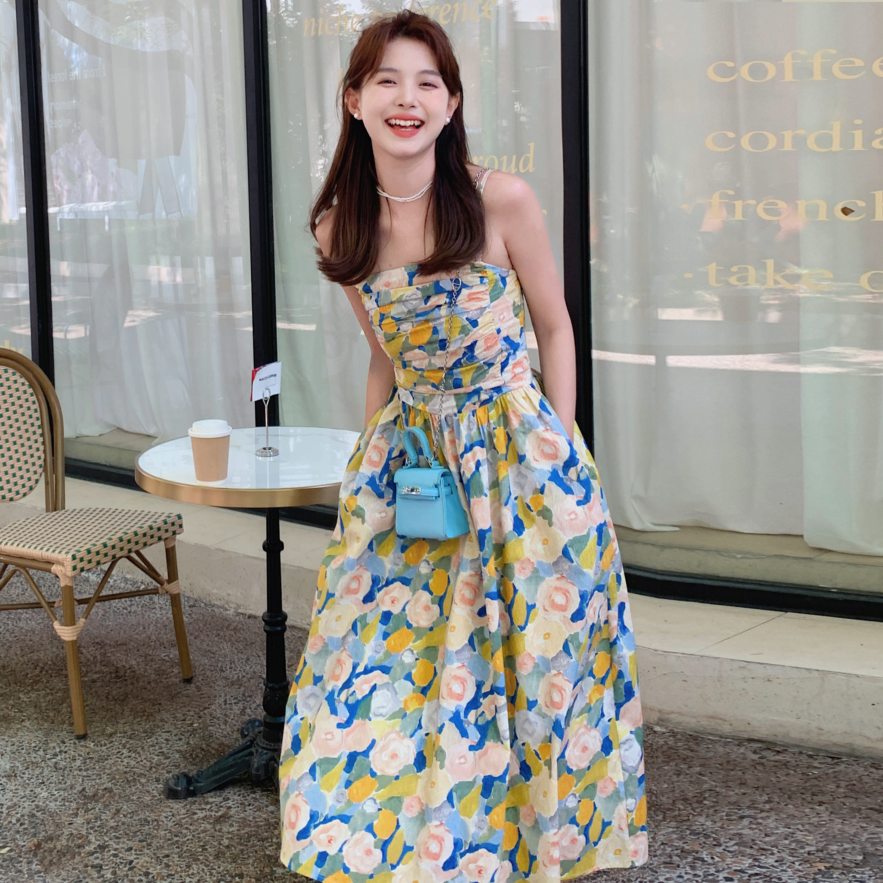 法式甜美抹胸吊带连衣裙女夏2025年新款度假风绝美收腰碎花长裙子,女装连衣裙,浙宝170