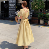 法式甜美露腰方领连衣裙女2025夏季新款韩版收腰显瘦泡泡袖长裙子，女装连衣裙，浙宝170