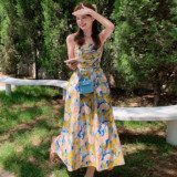 油画碎花吊带连衣裙女夏季2025新款法式甜美海边度假风长款抹胸裙，女装连衣裙，浙宝170