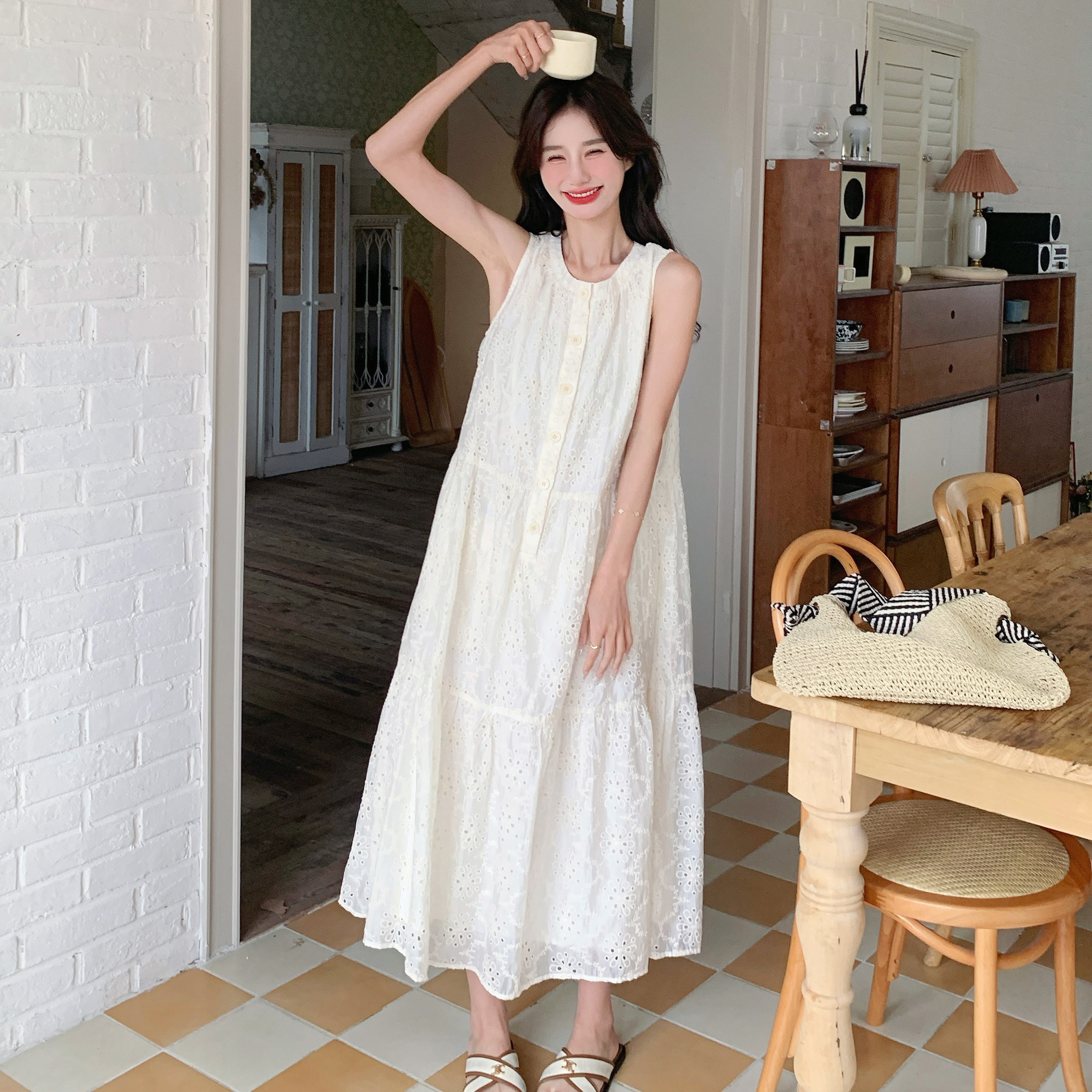 香草杏超仙无袖背心裙女长款2025夏新款法式甜美减龄温柔风连衣裙,女装连衣裙,浙宝170