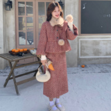 25冬90绒小香风外套+半身裙送可拆卸毛球围脖170-6812-P315-K468，女装套装/套裙，浙宝170