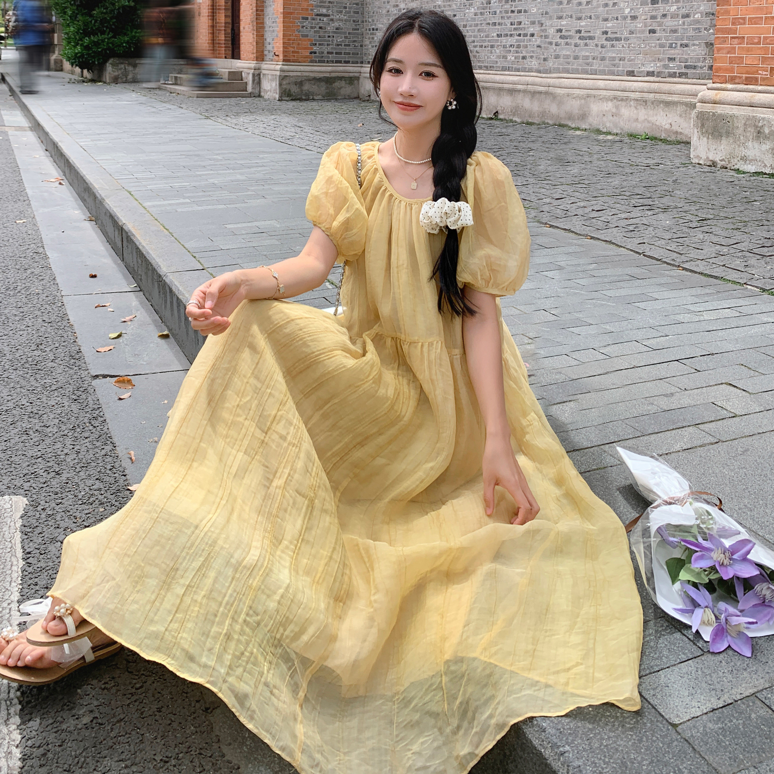 法式温柔风泡泡袖黄色连衣裙女夏季2025新款今年流行显瘦网纱长裙,女装连衣裙,浙宝170