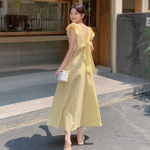 法式甜美后背蝴蝶结连衣裙女2025夏季新款韩版收腰显瘦茶歇长裙子图片