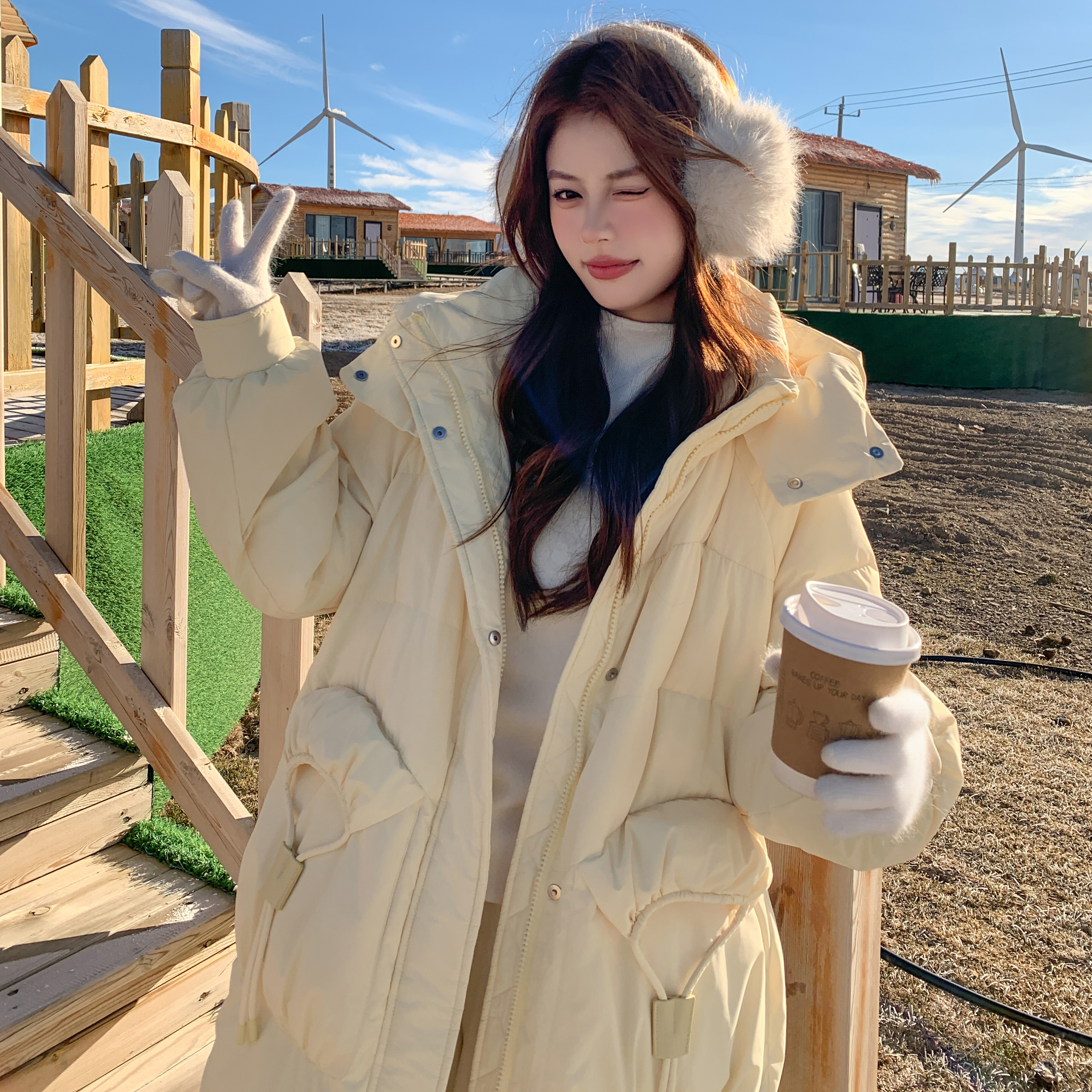 25冬新设计感奶黄色连帽长款羽绒棉棉衣外套170-2588-P230-K338，女装棉衣/棉服，浙宝170