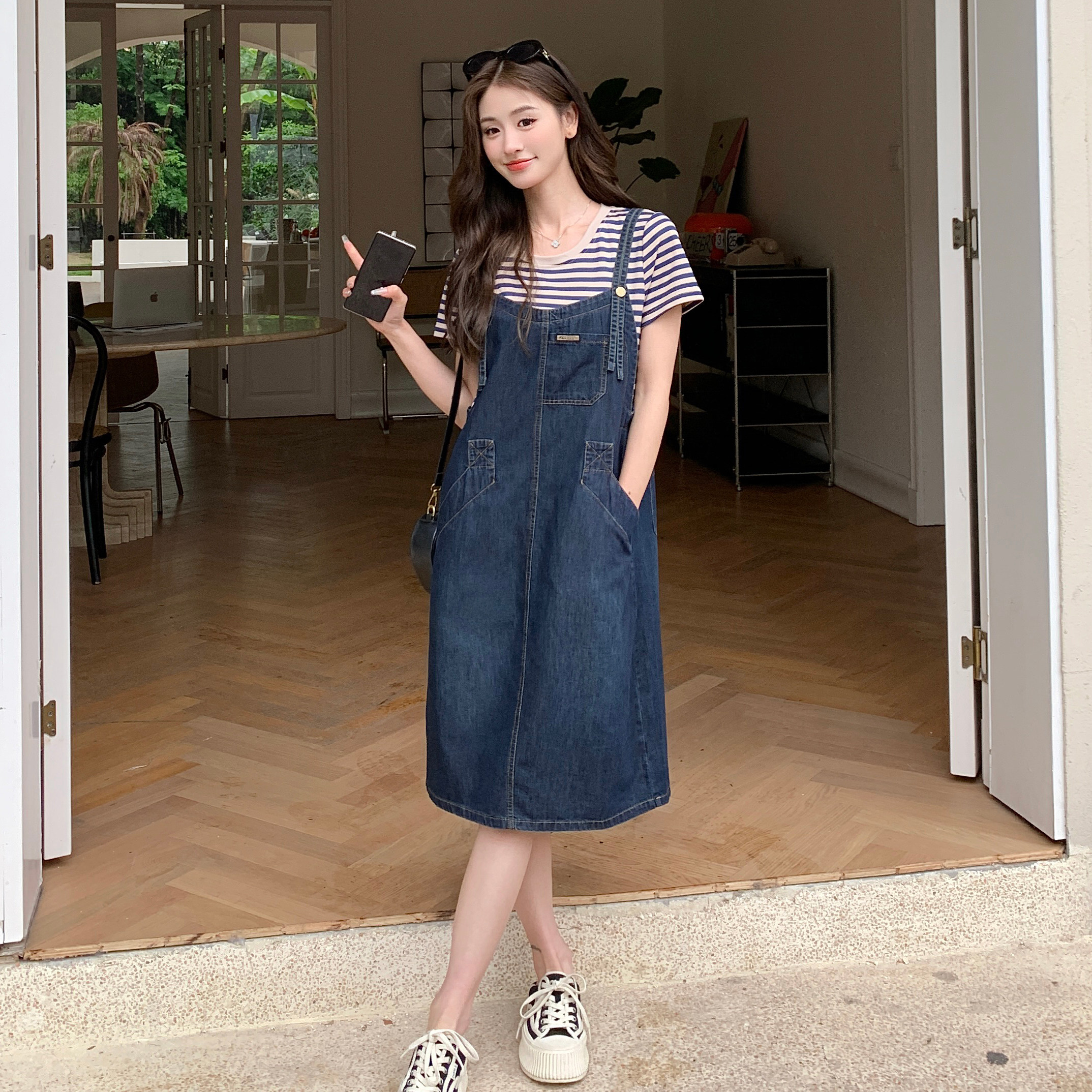 宽松休闲减龄牛仔背带连衣裙女夏2025新款网红炸街假裙子,女装连衣裙,浙宝170