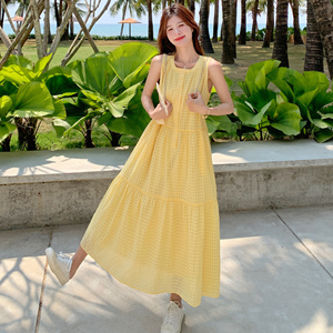 淡黄色无袖背心连衣裙女2025夏季时尚新款甜美森系少女小清新长裙图片