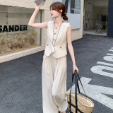 杏色淡人老钱风休闲两件套2025女夏爆款高级感韩版马甲阔腿裤套装，女装套装/套裙，浙宝170