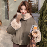 25冬新大翻领墨绿色撞色短款派克服外套170-6809-P215-K318，女装棉衣/棉服，浙宝170