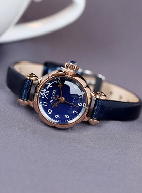 聚利时手表女细带小巧亮漆皮红色蓝色女士中学生皮带女表数字刻度