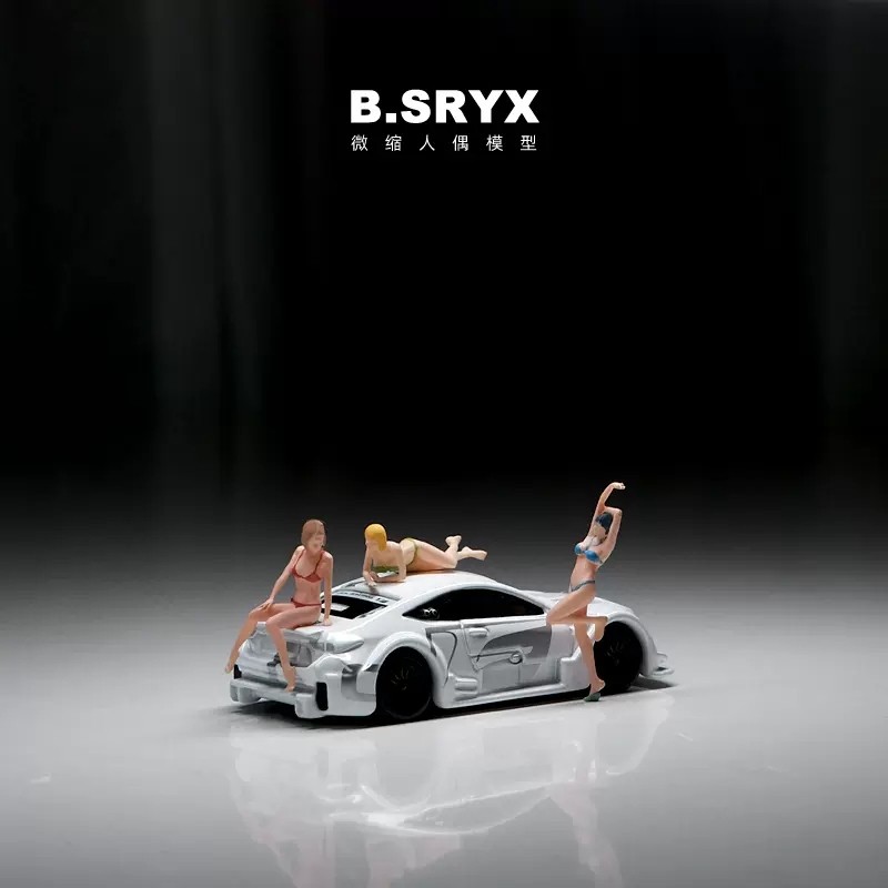 1:64 比基尼沙滩洗车美女微缩模型沙盘场景手办树脂人偶微拍摆件