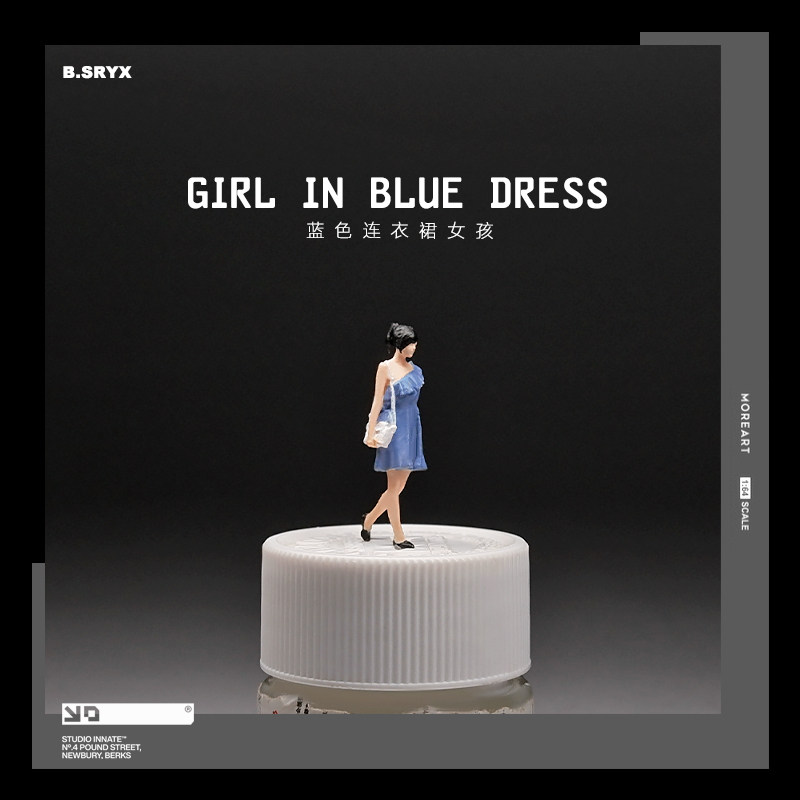 1:64蓝色连衣裙高跟鞋女孩微缩人偶模型沙盘场景手办微拍小人摆件