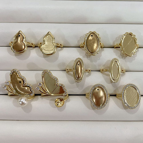 手工diy宋锦戒指底胚铜镀真金蝴蝶锆石葫芦空托点翠烧蓝饰品配件