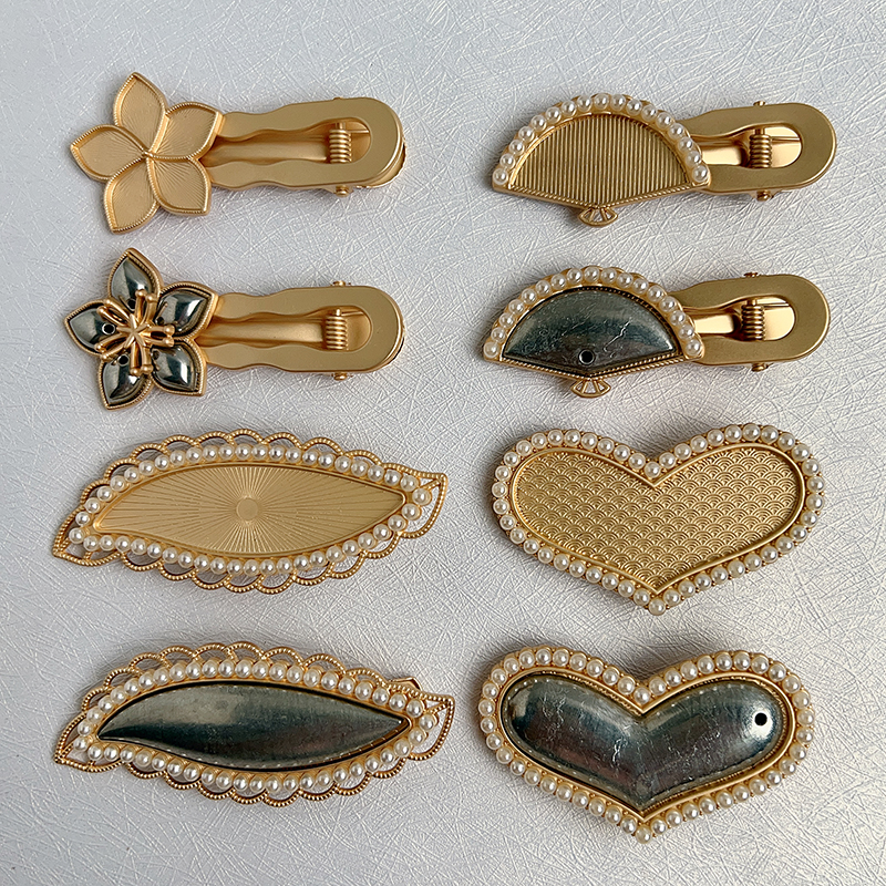 手工diy发夹空托新中式宋锦贴布艺底胎珍珠爱心发卡手作边夹发饰