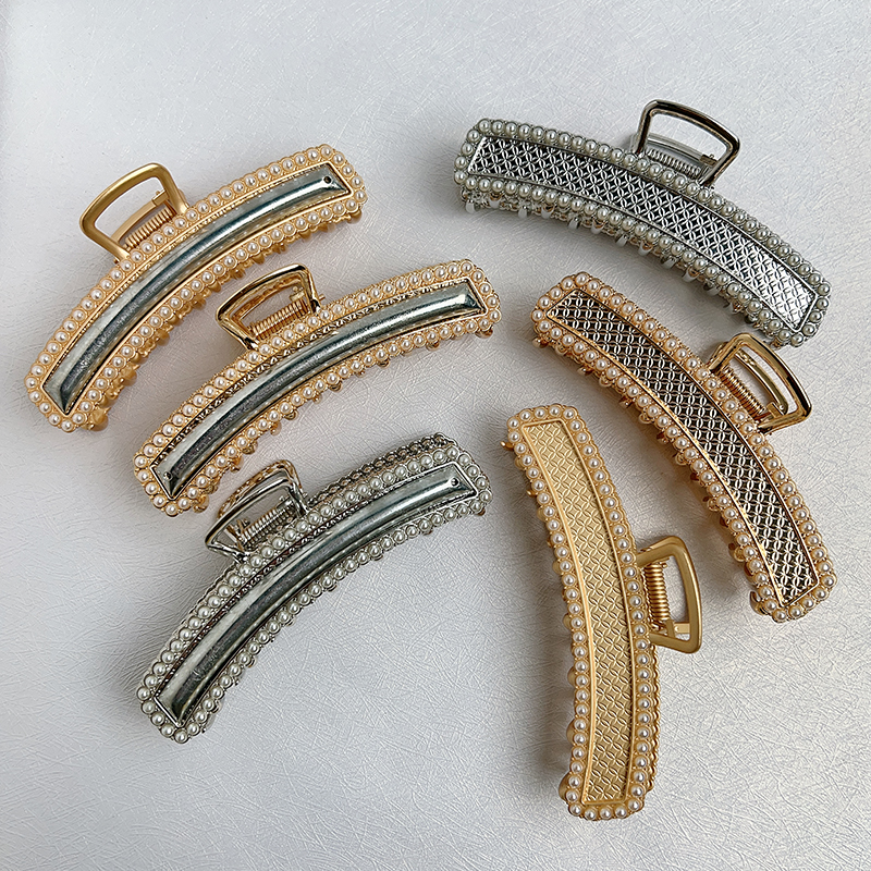 手工diy珍珠抓夹空托配饰宋锦贴布底胎发抓汉服饰品发夹手作发饰