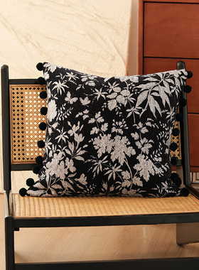 法式复古风黑白花卉抱枕客厅沙发靠枕设计师靠垫腰枕套民宿靠枕
