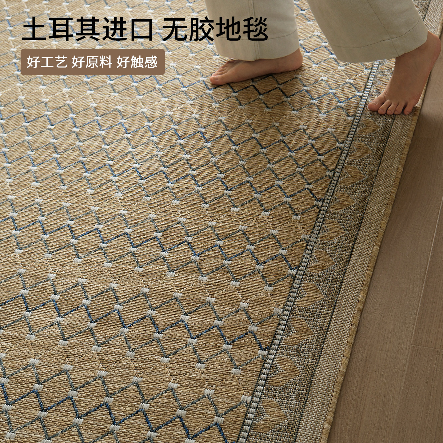 栗笙新款进口棕色系藤编地毯客厅防水几何高级感无胶中古风地垫