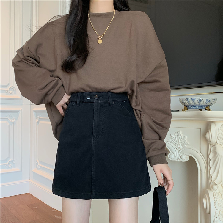 Real shot real price ~ autumn and winter new basic versatile show thin loose Retro High Waist black denim skirt A-line skirt