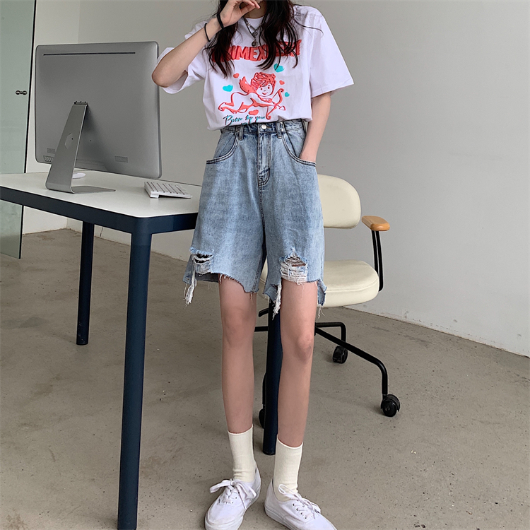 實拍實價~韓版新款高腰顯瘦對扣設計寬鬆闊腿破洞五分牛仔褲