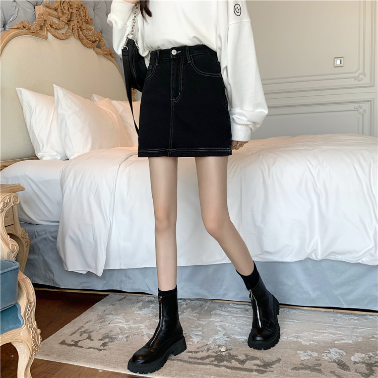 Real price ~ new open line design retro versatile high waist black denim skirt A-line skirt