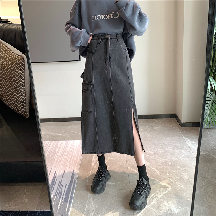 Real shot real price ~ New Black High Waisted Vintage work clothes show thin split half length denim skirt