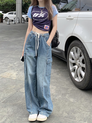 Real price loose Multi Pocket floor dragging wide leg high street American Vintage drawstring high waist straight jeans