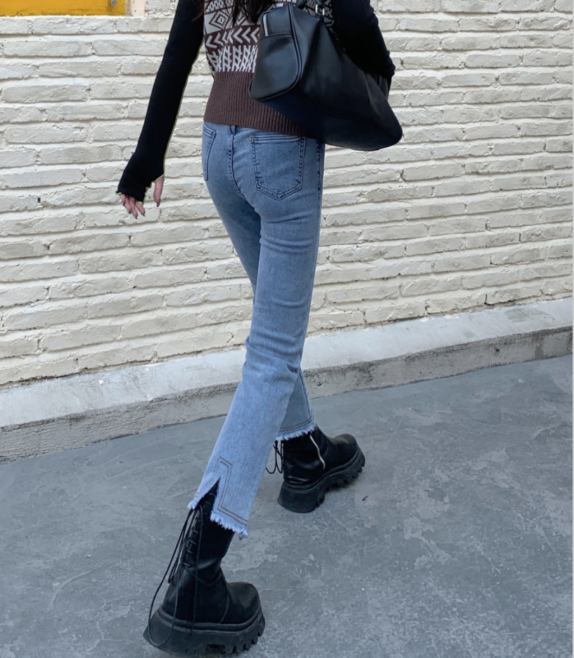 Real price ~ new style rear split design! Straight high waisted slim slim fit jeans and pipe pants