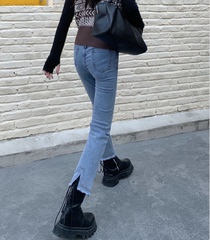 Real price ~ new style rear split design! Straight high waisted slim slim fit jeans and pipe pants