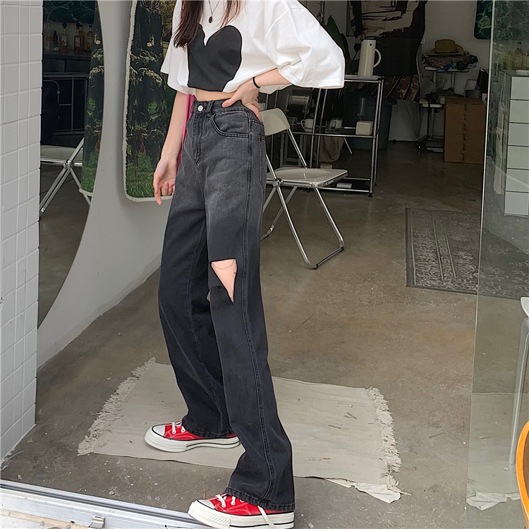 Real price ~ New High Waisted thin gradient color hole denim pants loose and versatile floor dragging wide leg pants