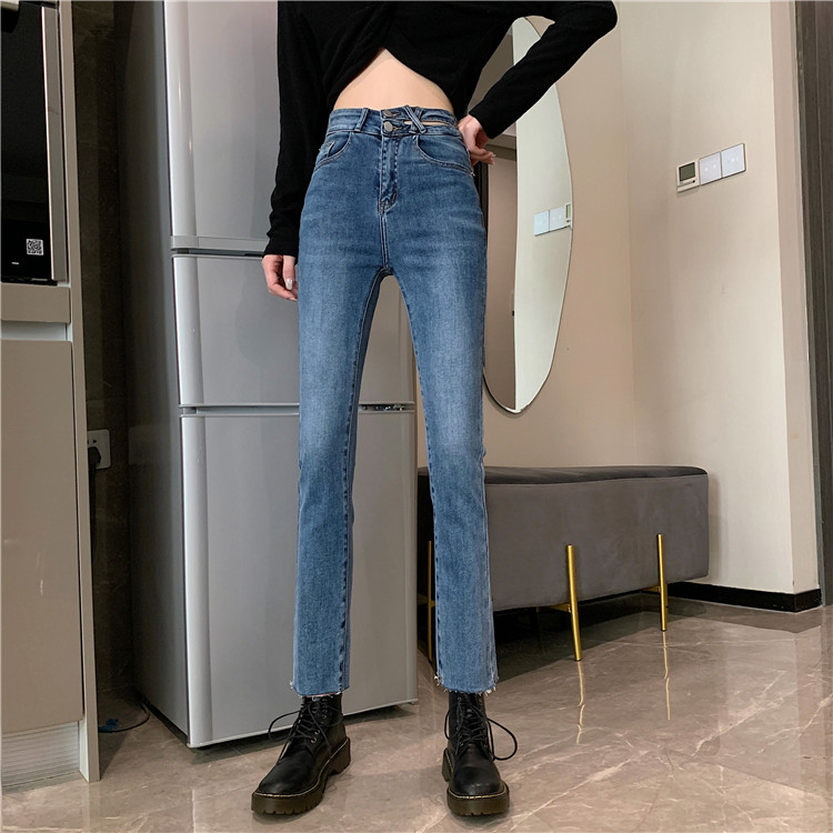 South Korea elastic thin waist careful machine design high waist denim straight pants