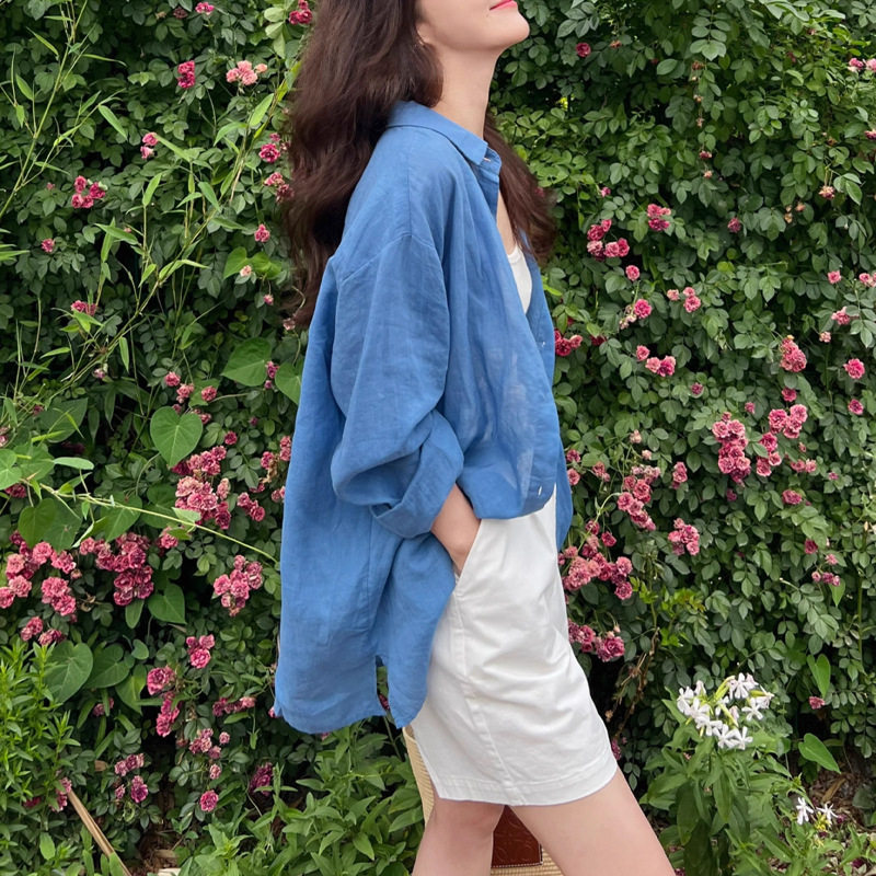 法式松弛感衬衫 薄苎麻宽松防晒衬衣尼斯蓝色衬衣棉麻女