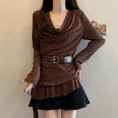 高级绝美垂摺领长袖 胖不规则收腰蕾0202e 大码 T恤女2026新款 春款