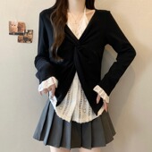 蕾丝拼接挂颈假两件长袖 胖独漂亮上0130h 大尺码 T恤女2026春季 新款