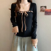 T恤女2026新款 春季 大尺码 蕾丝拼接方领长袖 胖独漂亮打底衫 上0130h